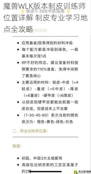 魔兽WLK版本制皮训练师位置详解 制皮专业学习地点全攻略